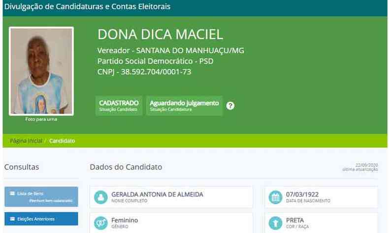 Registro de Dona Dica, candidata mais velha em Minas(foto: Divulgao/Tribunal Regional Eleitoral de Minas Gerais)
