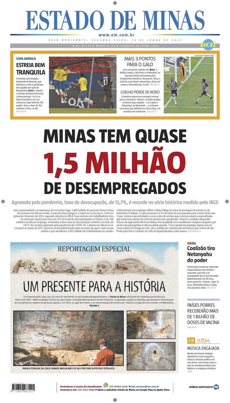 Confira a Capa do Jornal Estado de Minas do dia 14/06/2021(foto: Estado de Minas)