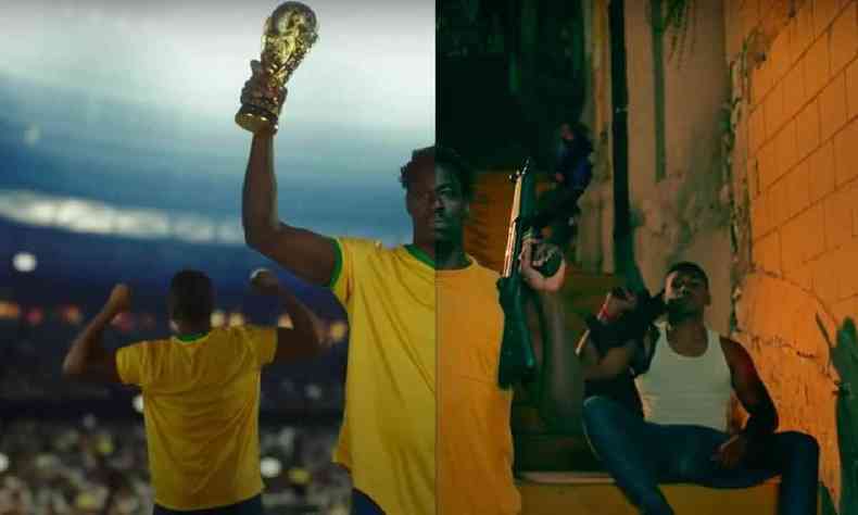 Cena do clipe 'This is not America' mostrando o futebol ao lado do trfico no Brasil