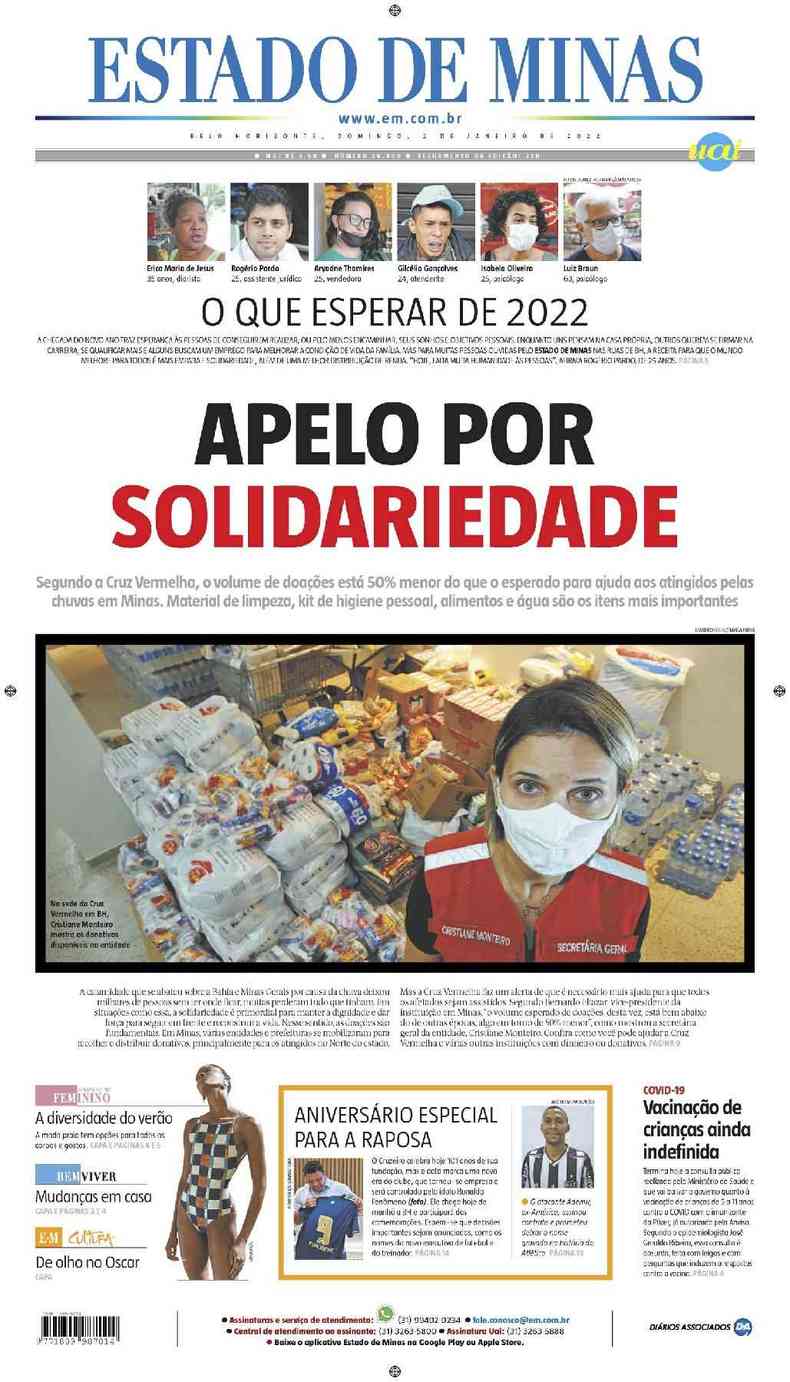 Confira a Capa do Jornal Estado de Minas do dia 02/01/2022