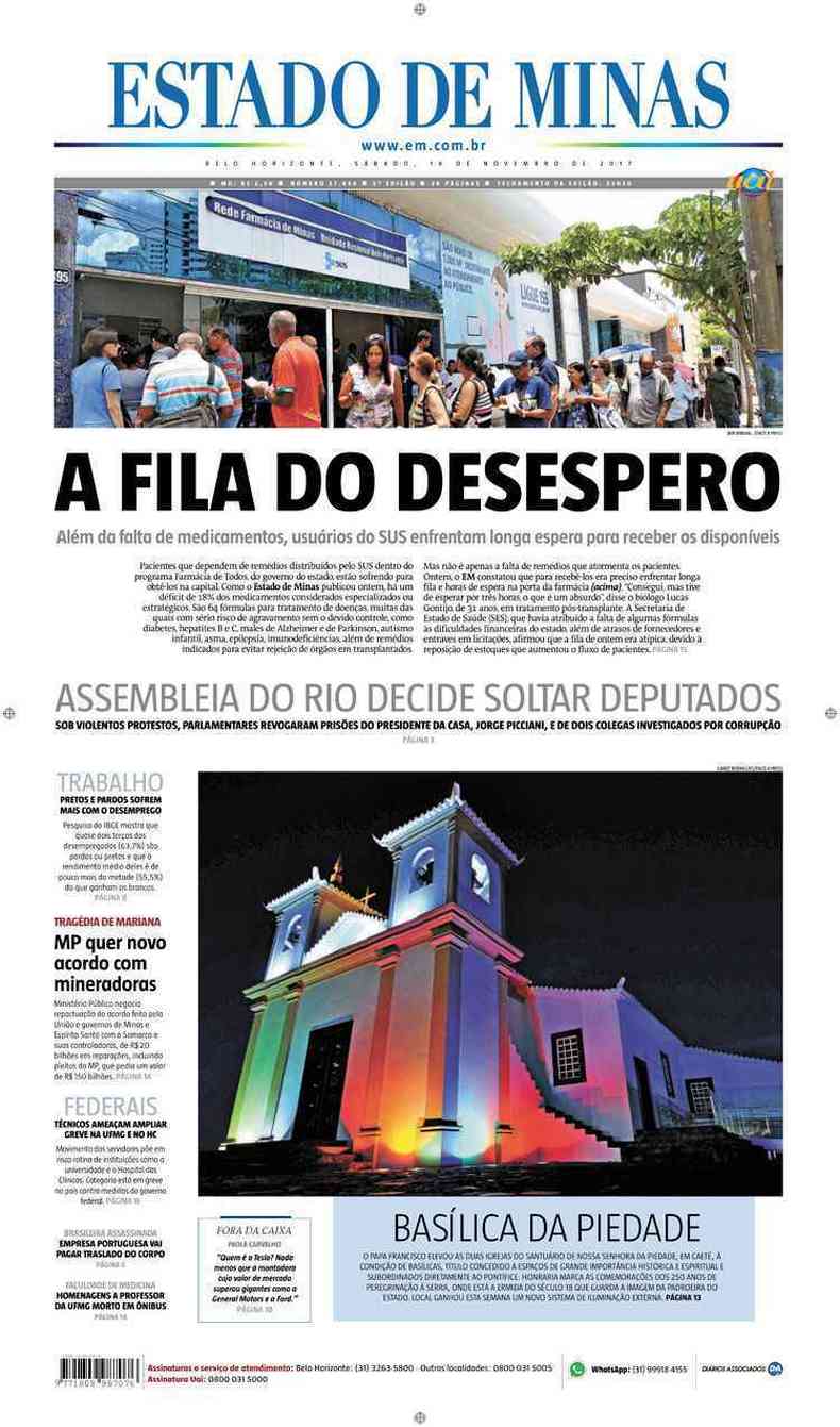 Confira a Capa do Jornal Estado de Minas do dia 18/11/2017