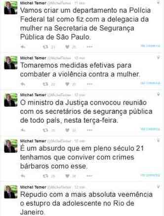 Michel Temer falou em sua conta no Twitter sobre o estupro coletivo ocorrido no Rio(foto: Reproduo Twitter)