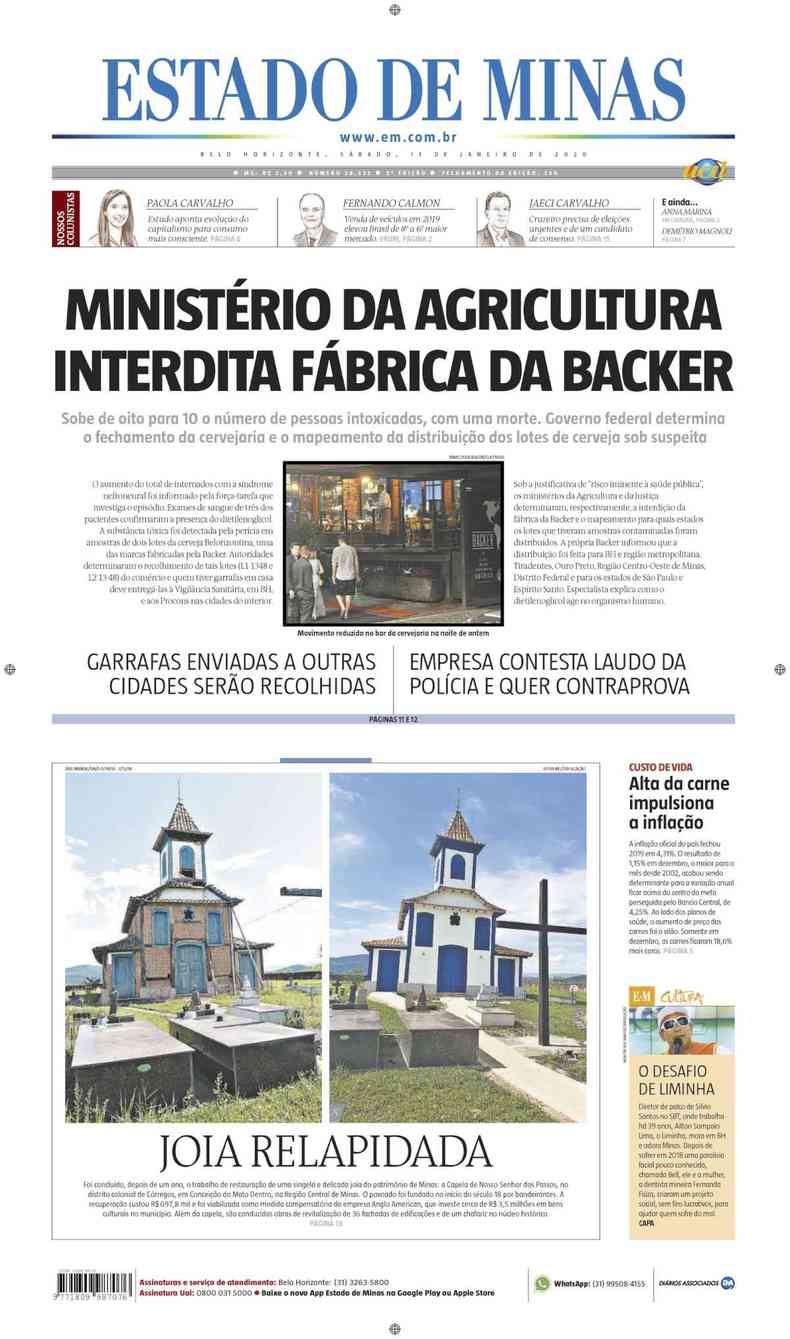 Confira a Capa do Jornal Estado de Minas do dia 11/01/2020(foto: Estado de Minas)