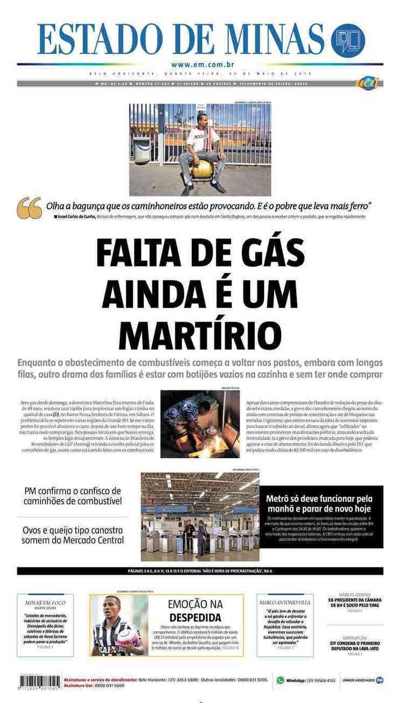 Confira a Capa do Jornal Estado de Minas do dia 30/05/2018
