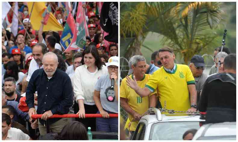 montagem com foto de Lula em BH e Bolsonaro em BH