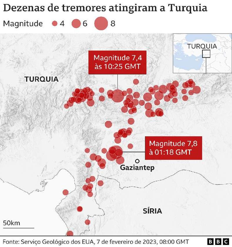 Mapa mostra reas em que ocorreram tremores na Turquia