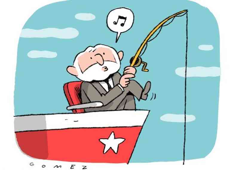 Ilustrao mostra Lula pescando em barco com estrela do PT