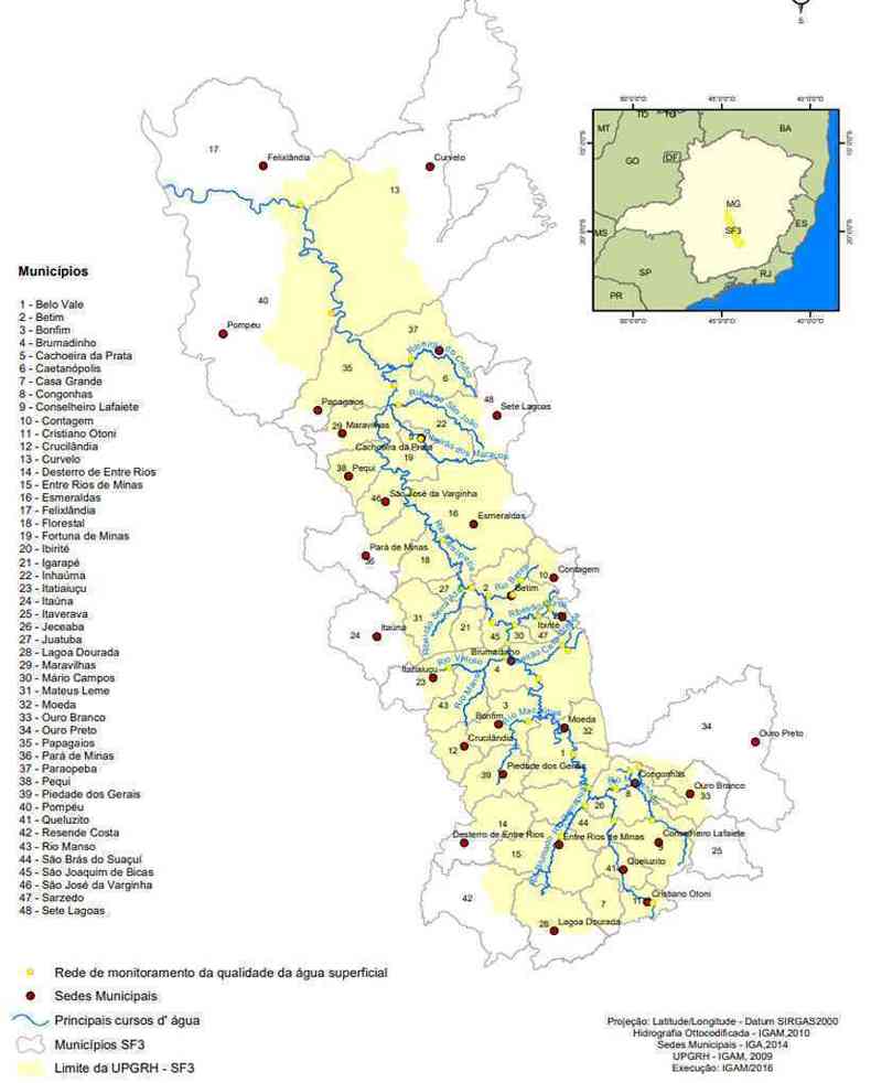 Mapa produzido pelo Igam mostra curso do rio Paraopeba(foto: Reprodução/Igam)