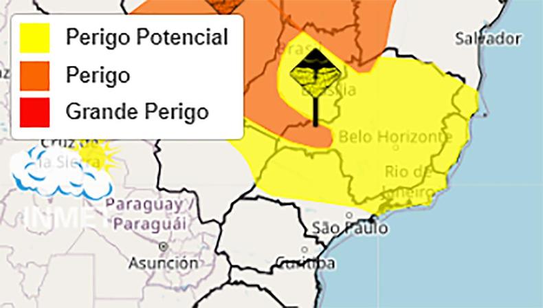 Manchas amarelas de perigo potencial e de perigo de chuvas intensas encobrem todo estado mineiro(foto: Reprodução) Manchas amarelas de perigo potencial e de perigo de chuvas intensas encobrem todo estado mineiro neste domingo mapa
