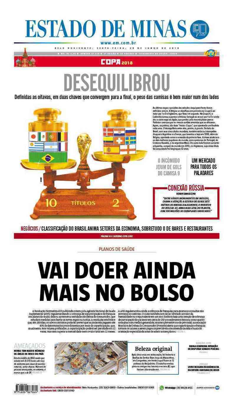 Confira a Capa do Jornal Estado de Minas do dia 29/06/2018