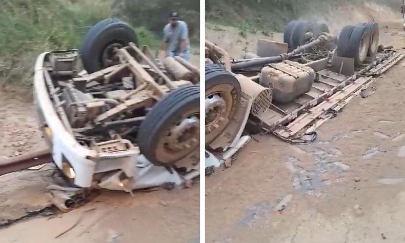 Carreta tombou na altura do km 525, em Brumadinho, Região Metropolitana de BH(foto: Redes Sociais/Divulgação) acidente na BR-381, em Brumadinho