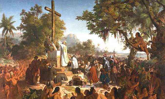 Um dos primeiros feitos dos portugueses em solo brasileiro foi a celebrao da Primeira Missa, retratada pelo pintor Victor Meirelles no sculo XIX.(foto: Victor Meirelles - XIX)