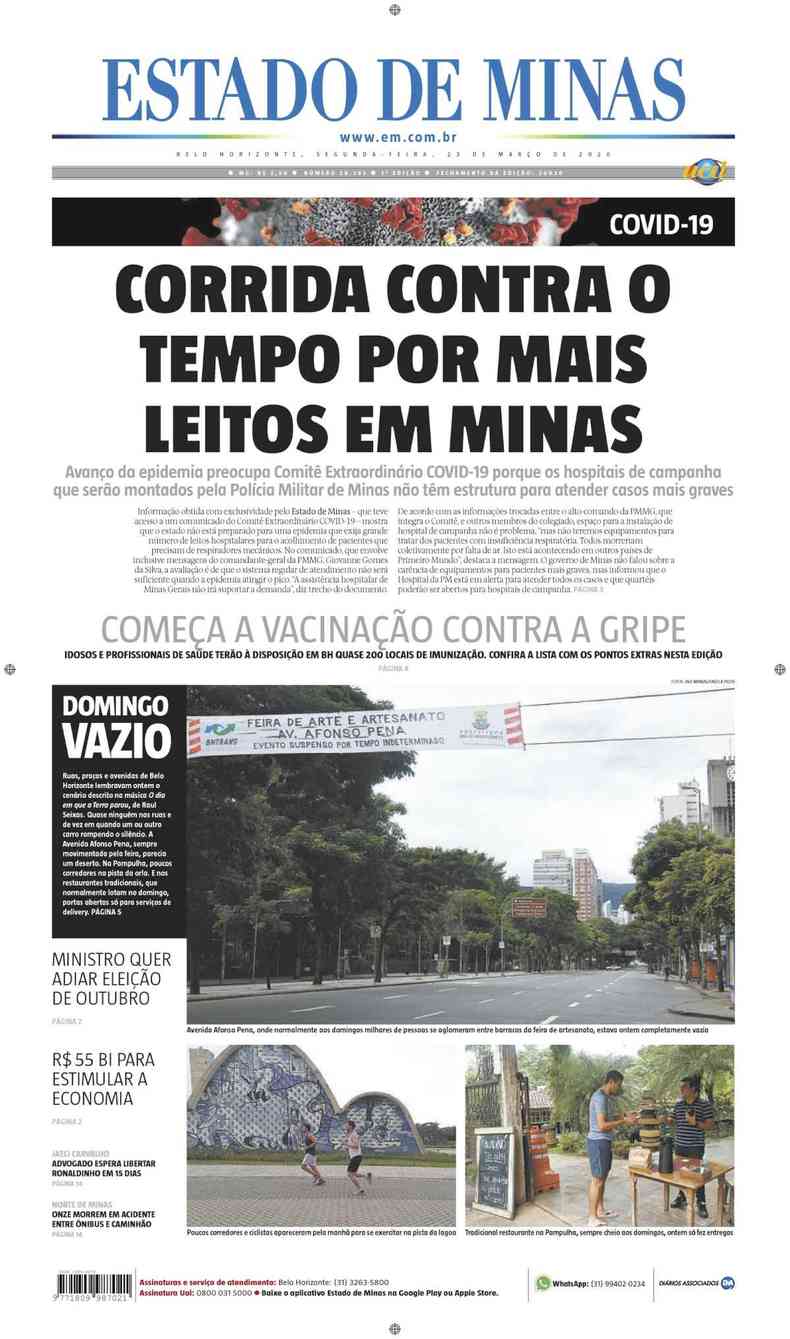 Confira a Capa do Jornal Estado de Minas do dia 23/03/2020(foto: Estado de Minas)