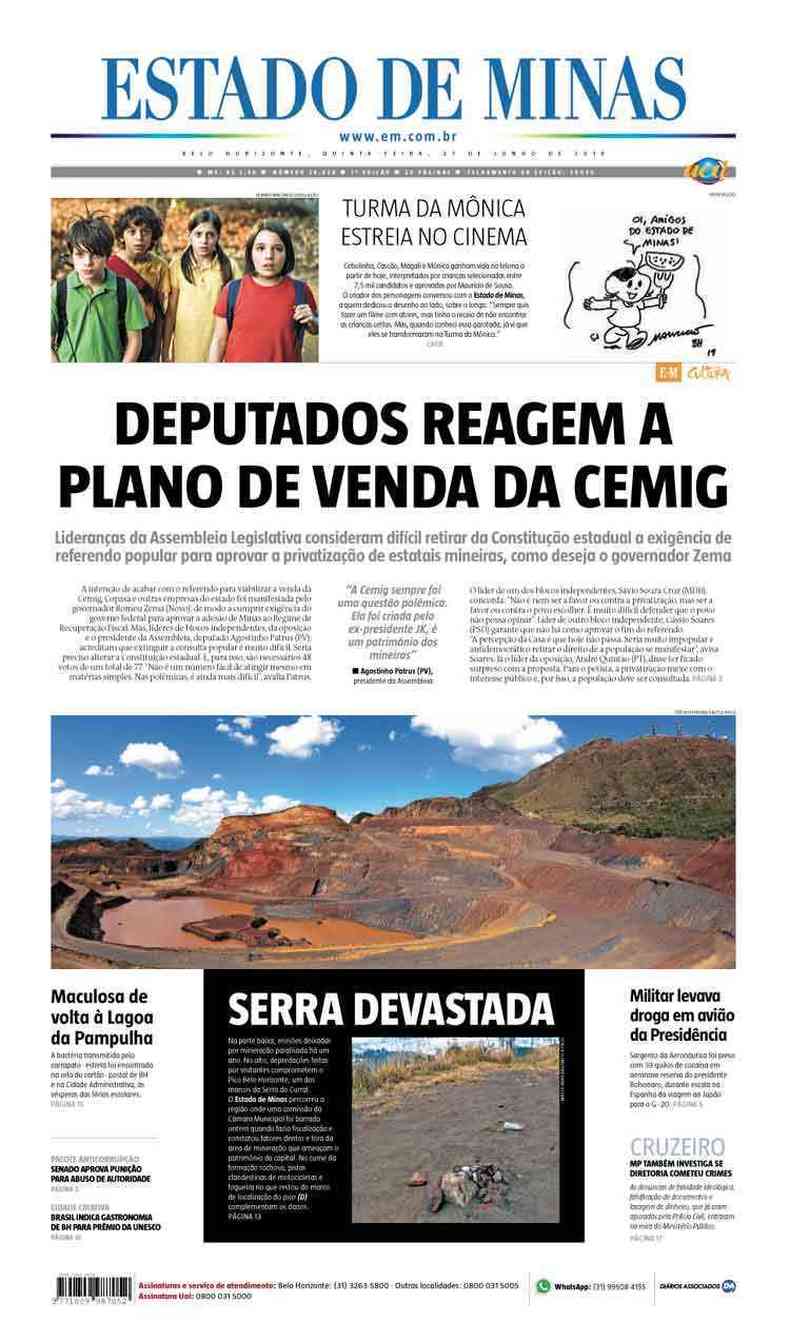 Confira a Capa do Jornal Estado de Minas do dia 27/06/2019(foto: Estado de Minas)