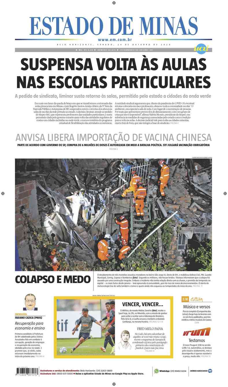 Confira a Capa do Jornal Estado de Minas do dia 24/10/2020(foto: Estado de Minas)