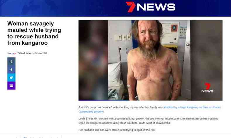 Ataque foi destaque na imprensa australiana. Foto mostra ferimentos do marido de Linda(foto: Reproduo da internet/Yahoo7 News)