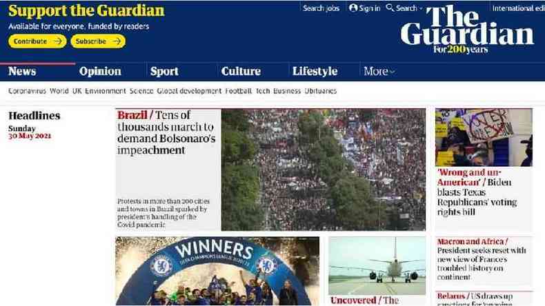 O jornal britnico The Guardian destacou a manifestao como notcia principal do seu site(foto: Reproduo)
