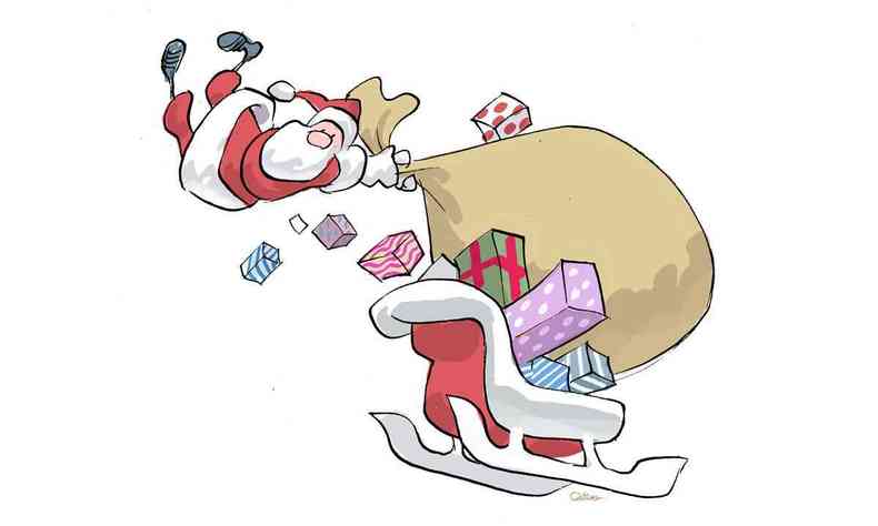 Ilustrao mostra Papai Noel voando, acima do tren, e presentes voando com ele