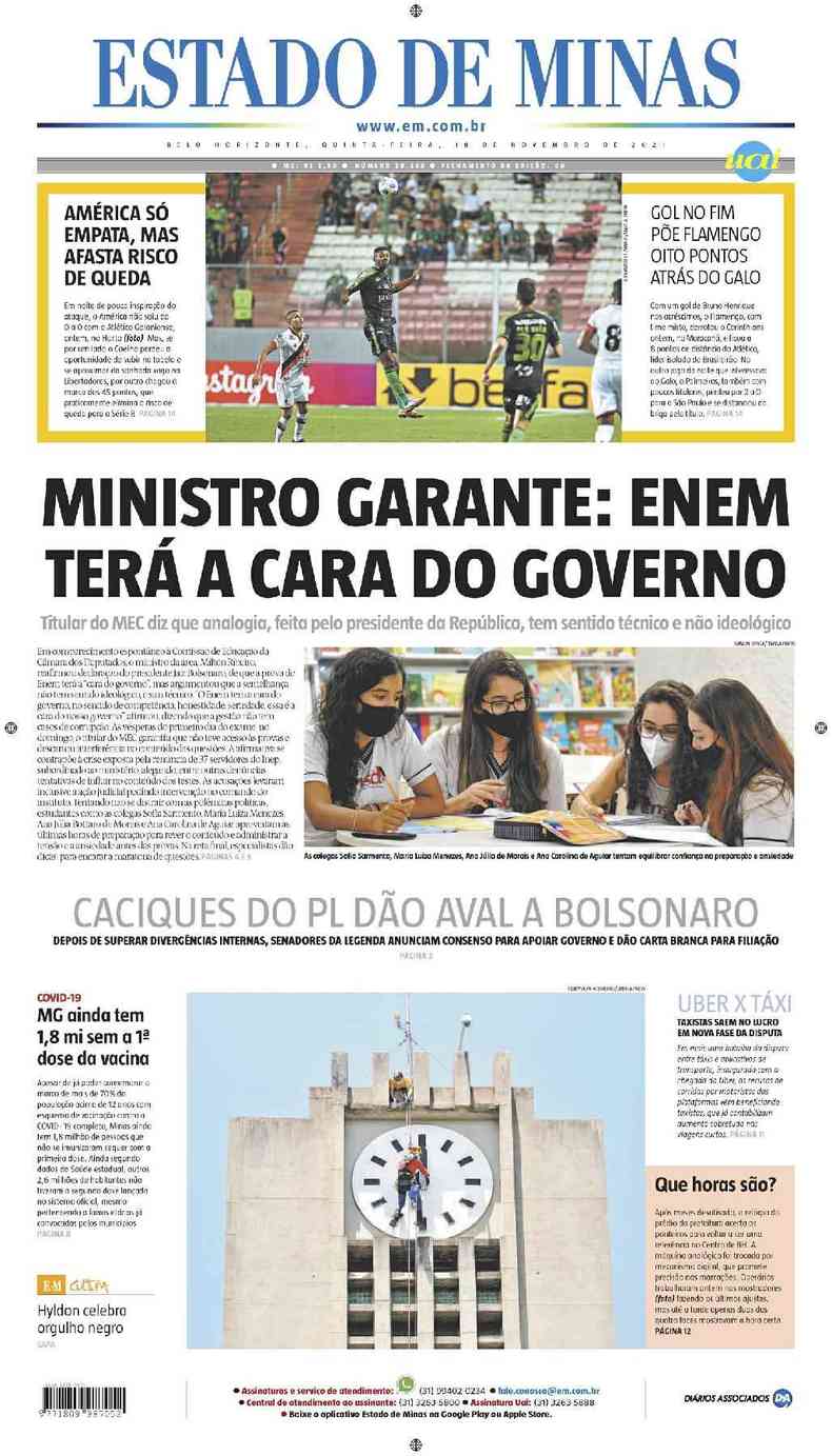 Confira a Capa do Jornal Estado de Minas do dia 18/11/2021