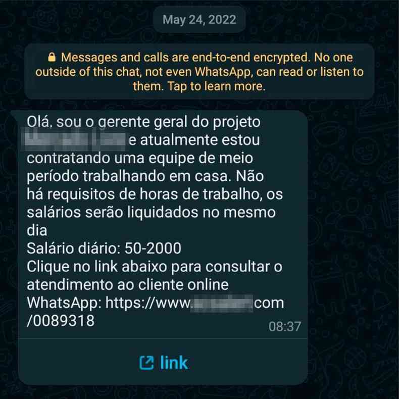Mensagem de Whatsapp enviada por um golpista com uma proposta de emprego de meio período, trabalhando em casa e com salário de até 2 mil reais por dia