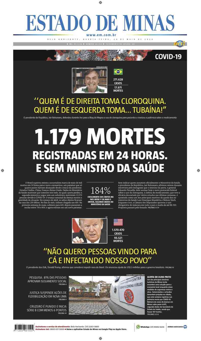 Confira a Capa do Jornal Estado de Minas do dia 20/05/2020(foto: Estado de Minas)
