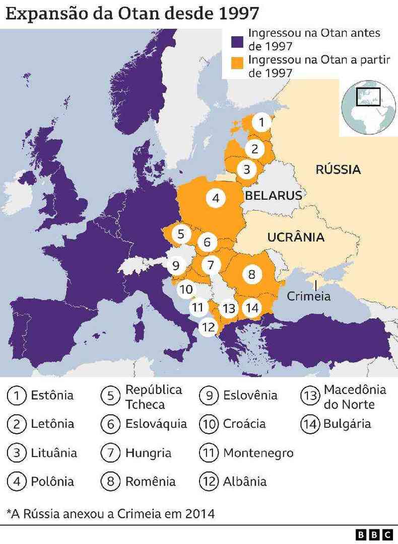 Mapa mostra expanso da Otan desde 1997