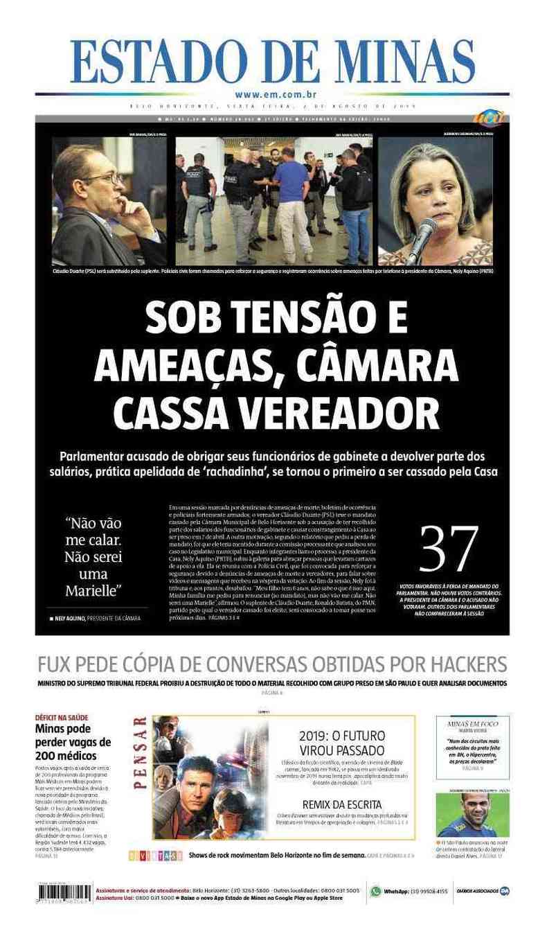 Confira a Capa do Jornal Estado de Minas do dia 02/08/2019(foto: Estado de Minas)