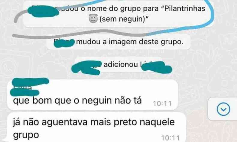 Captura de tela de uma conversa de Whatsapp com mensagens racistas