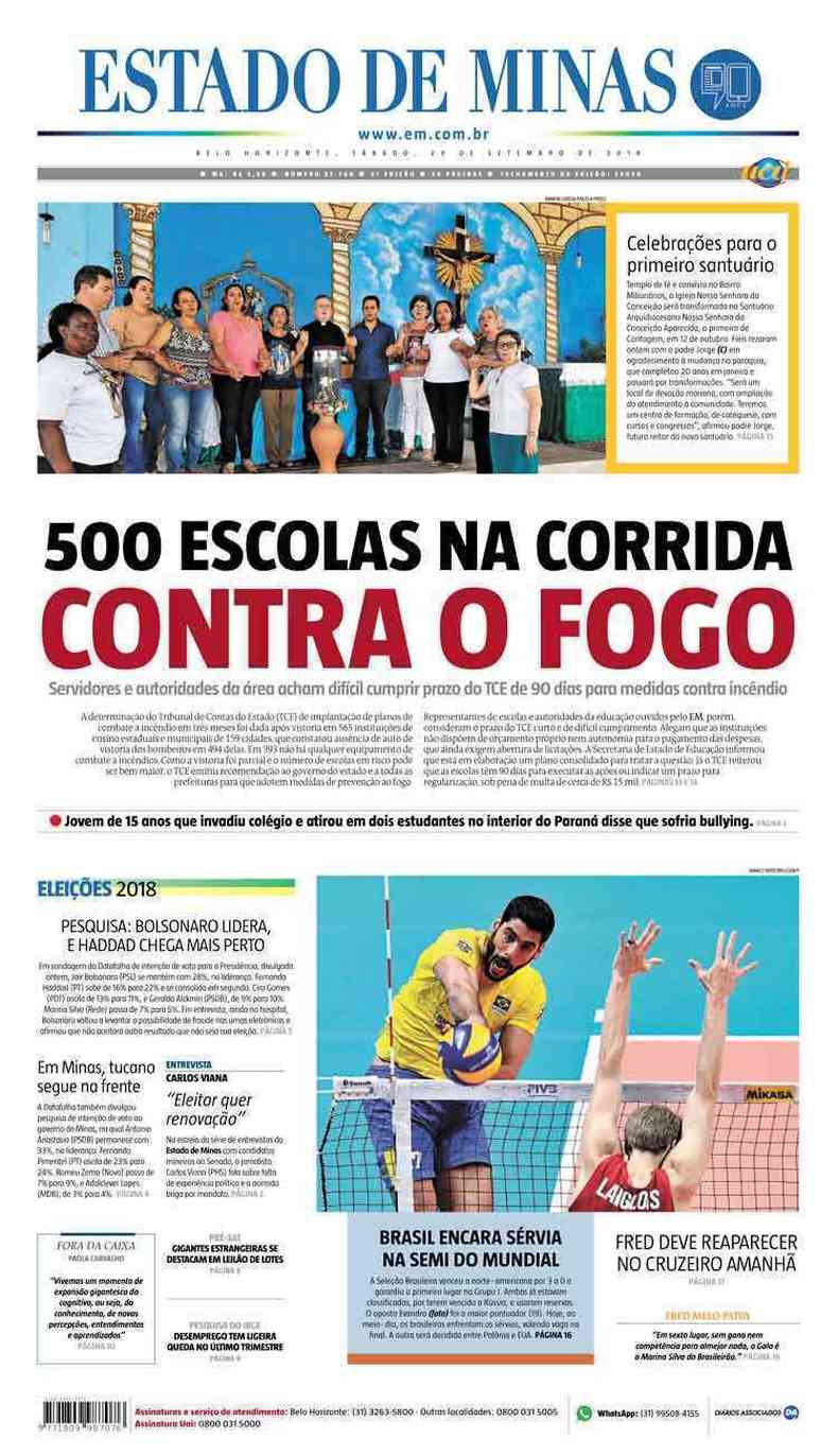 Confira a Capa do Jornal Estado de Minas do dia 29/09/2018(foto: Estado de Minas)