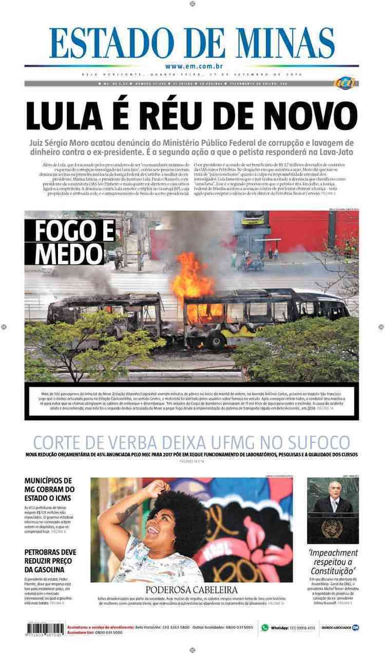 Confira a Capa do Jornal Estado de Minas do dia 21/09/2016