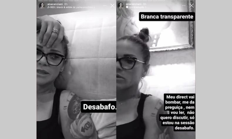 Dois frames dos stories de Ana Canziani. Ela  uma mulher branca e de cabelos loiros. O vdeo est em preto e branco.