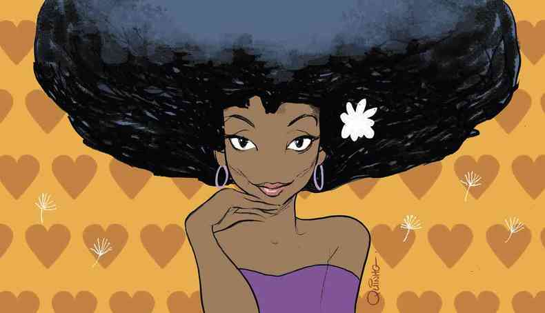 ilustrao mostra mulher negra de semblante tranquilo, com black power e flor no cabelo