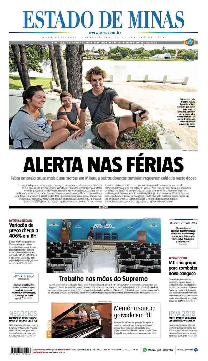 Confira a Capa do Jornal Estado de Minas do dia 10/01/2018