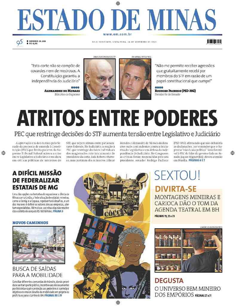 Confira a Capa do Jornal Estado de Minas do dia 24/11/2023