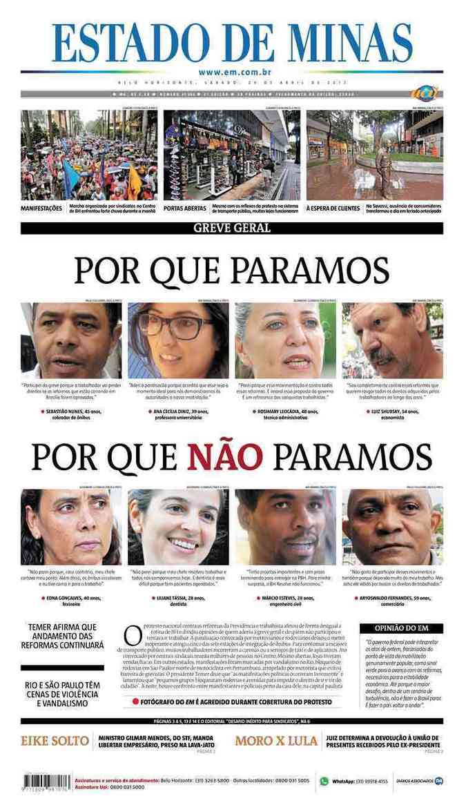 Confira a Capa do Jornal Estado de Minas do dia 29/04/2017