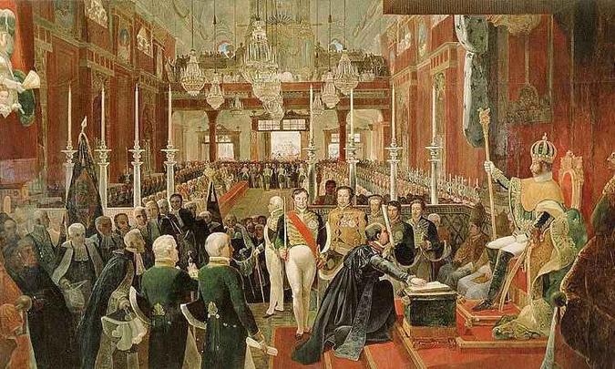 Prevendo que seus poderes seriam limitados pela elite local, D. Pedro I dissolveu a primeira Assembleia Constituinte do Brasil. (foto: Jean-Baptiste Debret / A coroação do Imperador dom Pedro I do Brasil em 1822.) Prevendo que seus poderes seriam limitados pela elite local, D. Pedro I dissolveu a primeira Assembleia Constituinte do Brasil. (foto: Jean-Baptiste Debret / A coroação do Imperador dom Pedro I do Brasil em 1822.)