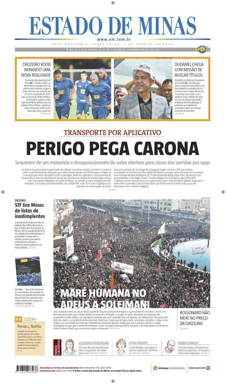 Confira a Capa do Jornal Estado de Minas do dia 07/01/2020(foto: Estado de Minas)