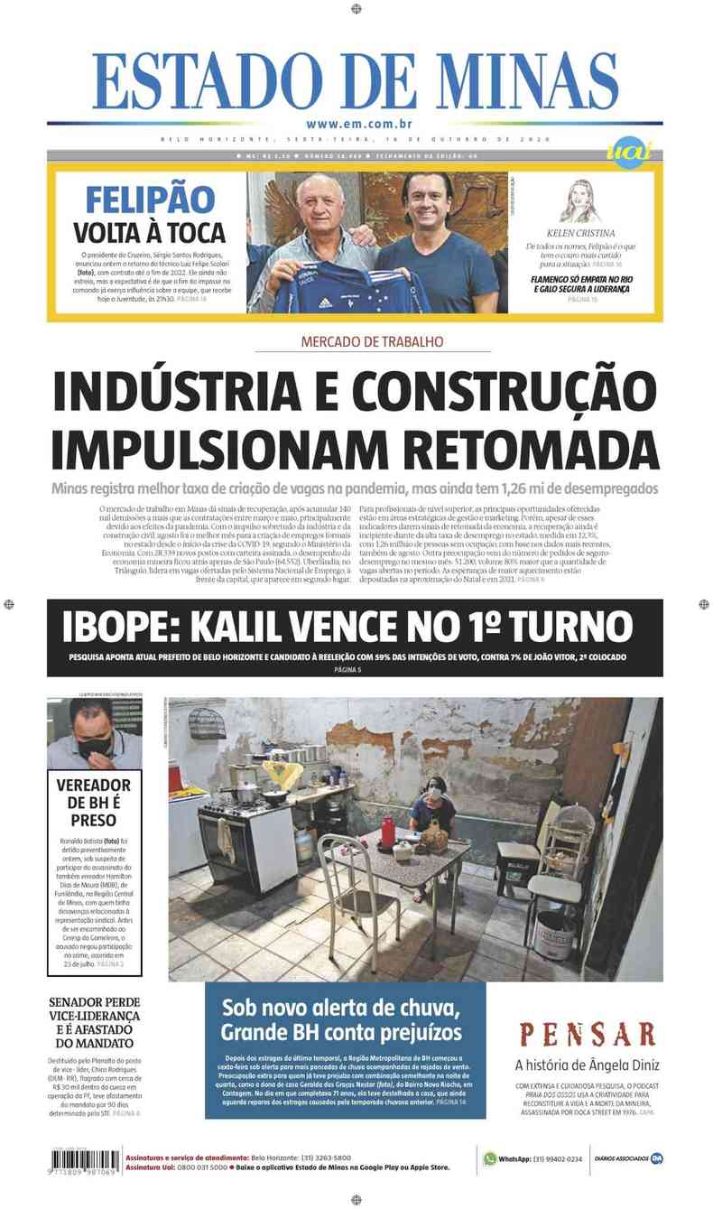 Confira a Capa do Jornal Estado de Minas do dia 16/10/2020(foto: Estado de Minas)