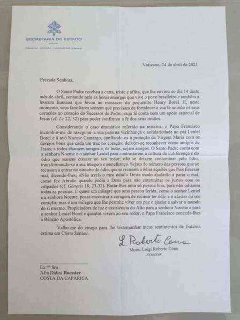 Carta enviada pelo Papa a Leniel Borel(foto: arquivo pessoal)