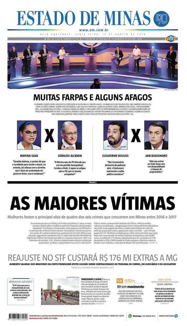 Confira a Capa do Jornal Estado de Minas do dia 10/08/2018