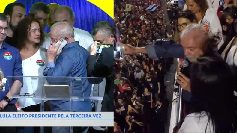 Montagem de foto com Lula no telefone e o petista conversando com apoiadores