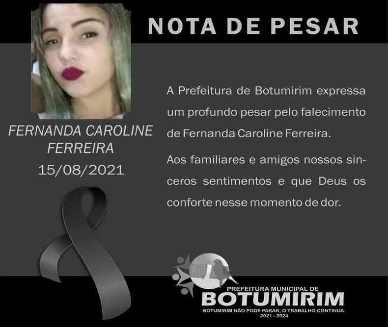 A Prefeitura de Botumirim publicou uma nota de pesar em homenagem a Fernanda Caroline(foto: Reproduo)