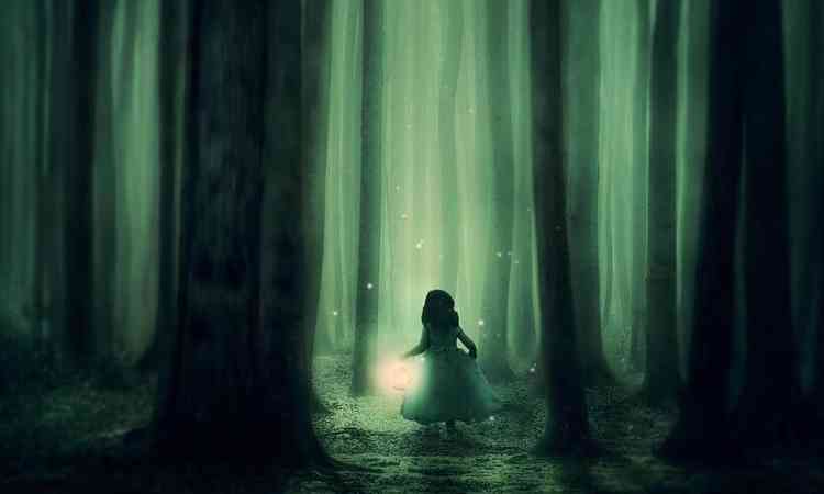 criana andando por uma floresta 