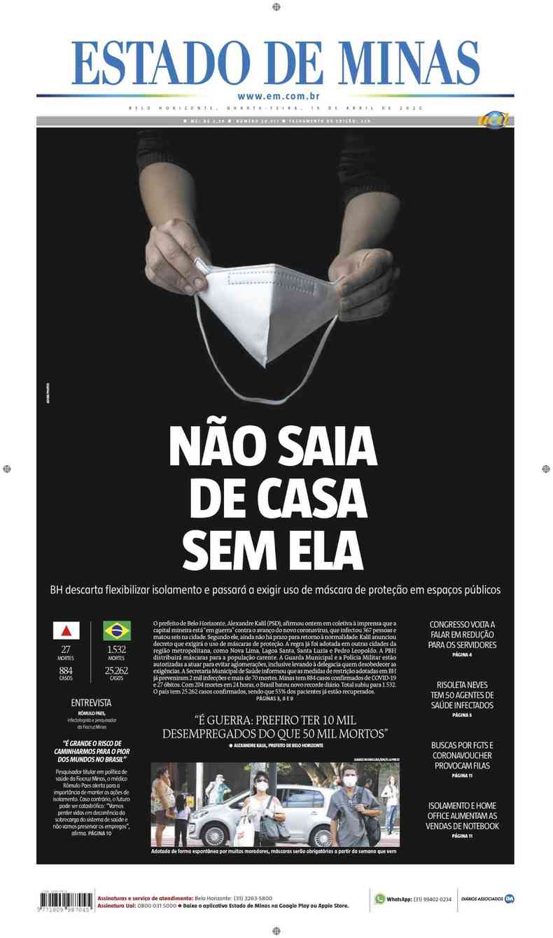 Confira a Capa do Jornal Estado de Minas do dia 15/04/2020(foto: Estado de Minas)