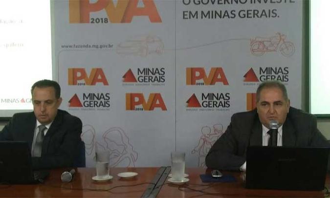 Coletiva sobre IPVA 2018, na Secretária da Fazenda. João Alberto Vizzotto, subsecretário da Receita, e Leonidas Torres Marques, superintendente de arrecadação e finança da secretaria da Fazenda(foto: Jair Amaral/EM/D.A Press) Coletiva sobre IPVA 2018, na Secretária da Fazenda. João Alberto Vizzotto, subsecretário da Receita, e Leonidas Torres Marques, superintendente de arrecadação e finança da secretaria da Fazenda(foto: Jair Amaral/EM/D.A Press)