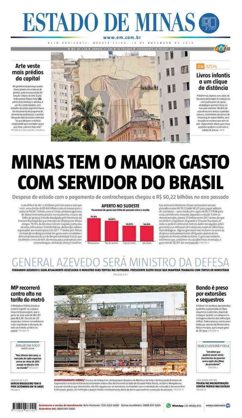 Confira a Capa do Jornal Estado de Minas do dia 14/11/2018(foto: Estado de Minas)