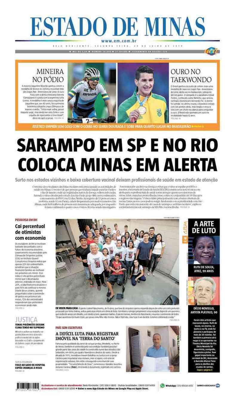 Confira a Capa do Jornal Estado de Minas do dia 29/07/2019(foto: Estado de Minas)