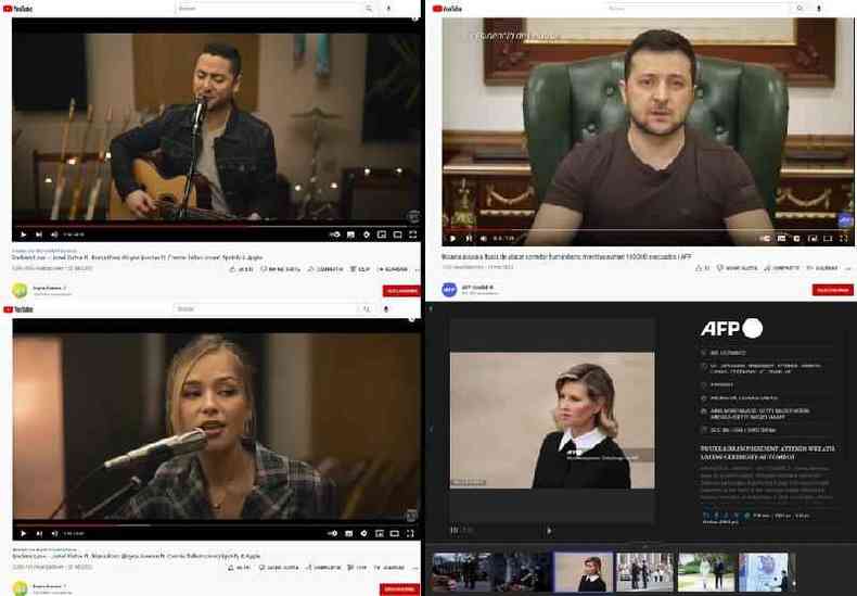 Capturas de tela realizadas em 11 de maro de 2022 de vdeo publicado no canal do YouTube da banda Boyce Avenue (E), de um vdeo de Zelensky no YouTube (direita, acima) e de uma foto de arquivo da AFP 