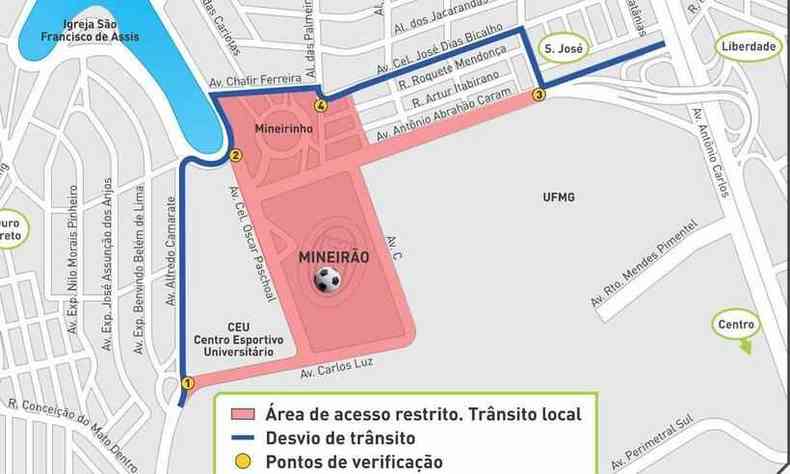 Mapa mostra rea de acesso restrito e desvios no trnsito(foto: BHTrans/Divulgao)