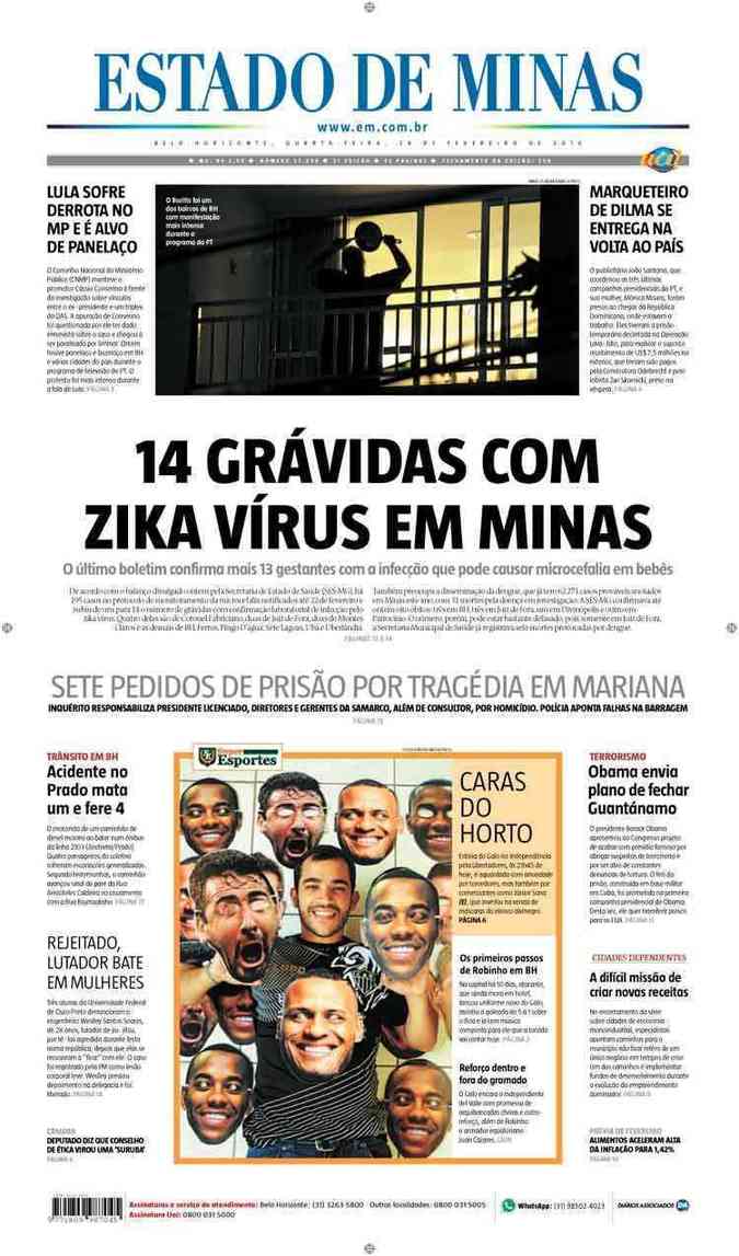 Confira a Capa do Jornal Estado de Minas do dia 24/02/2016